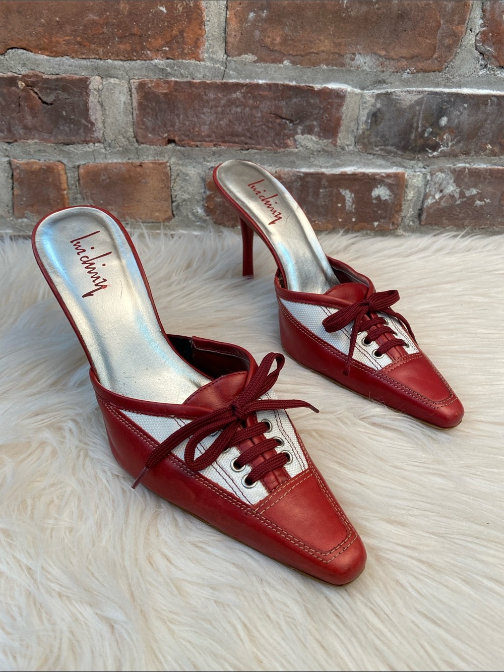 Vintage Luichiny Leather Avant Garde Lace Front Stiletto Mules, Size 8.5